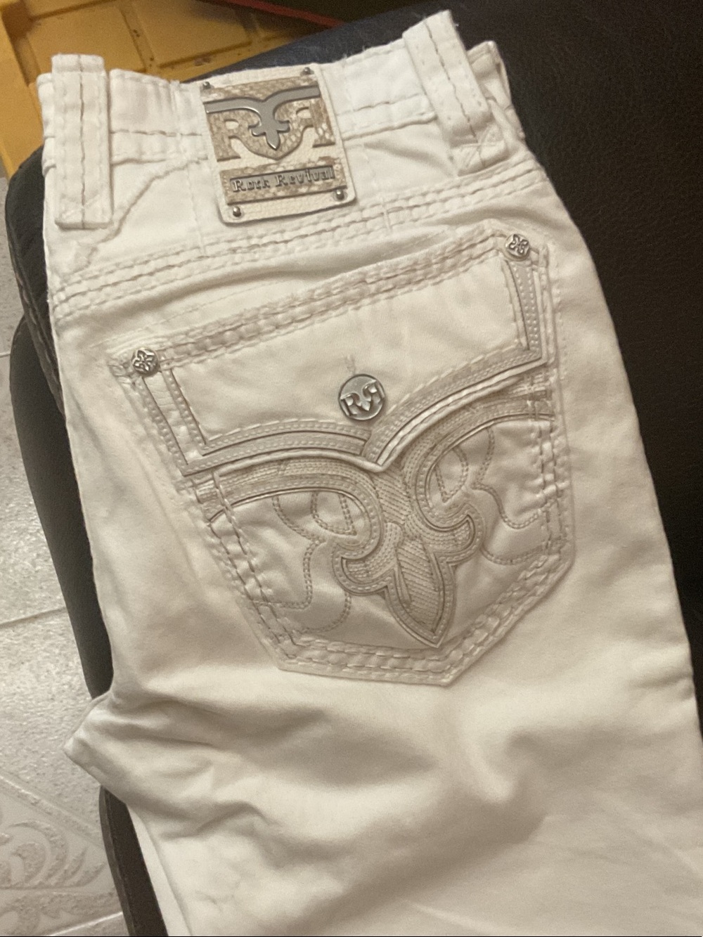 Rock Revival Men's White Slim Jeans with Embroidered Back Pocket